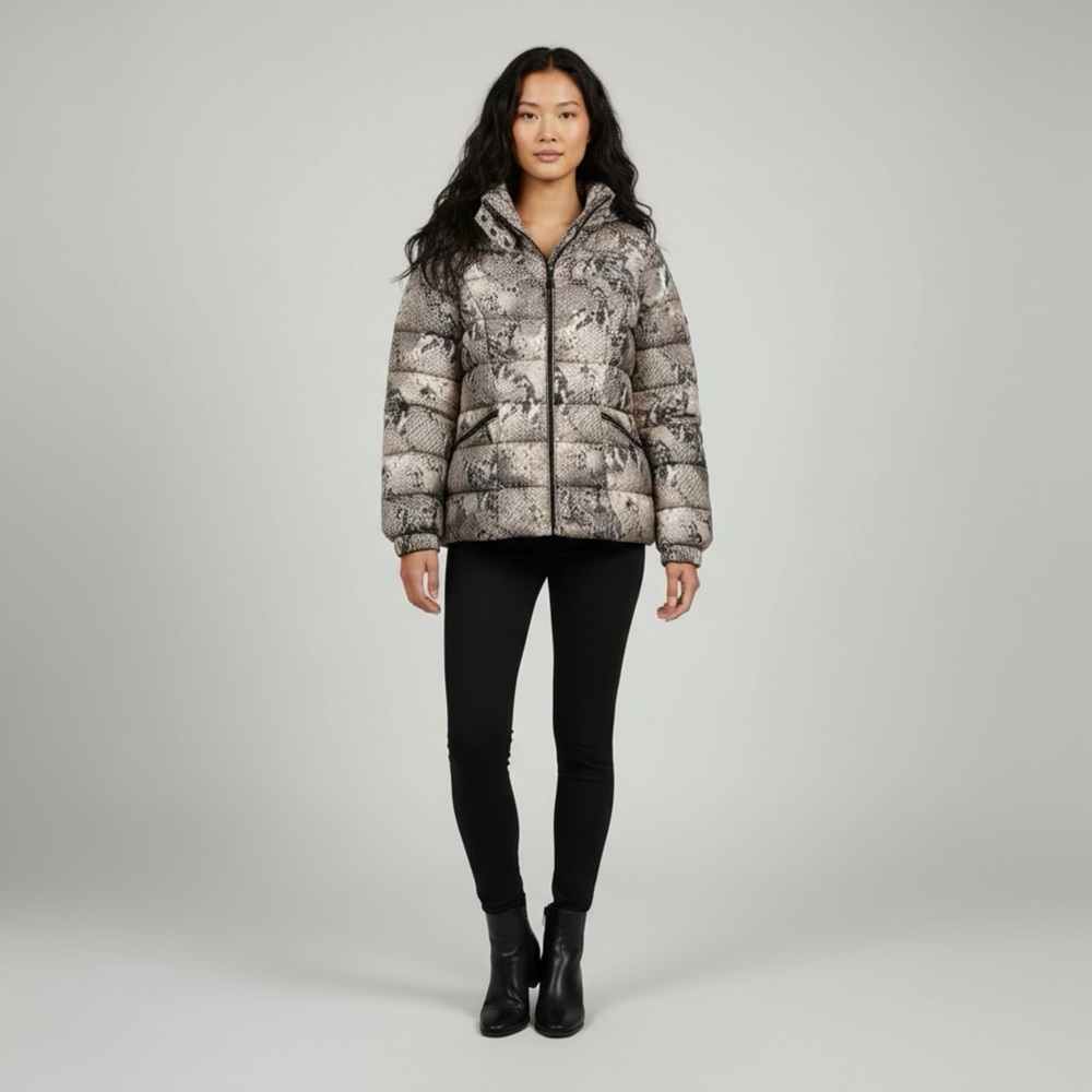 Calvin Klein Snakeskin Print Puffer Jacket Zip‎ Up Hooded Small Rain Coat Jacket